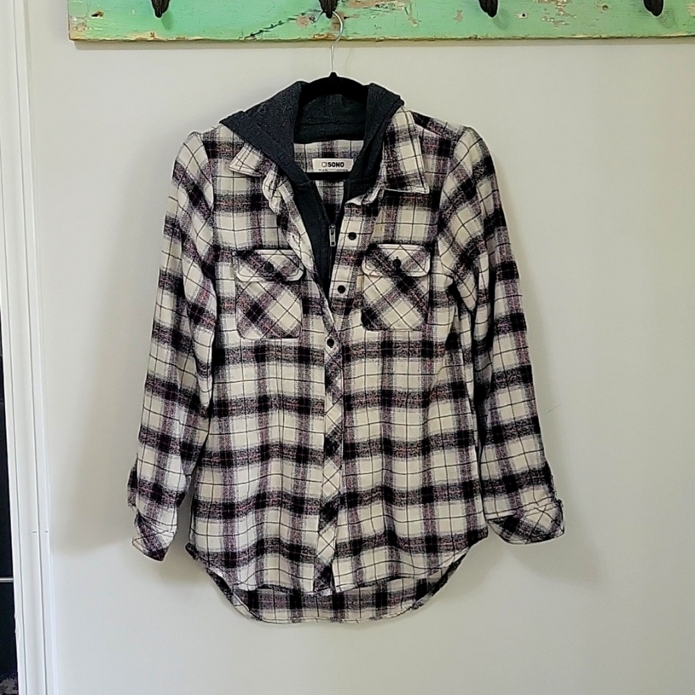 Flannel shirt with zip-up trim and hood
